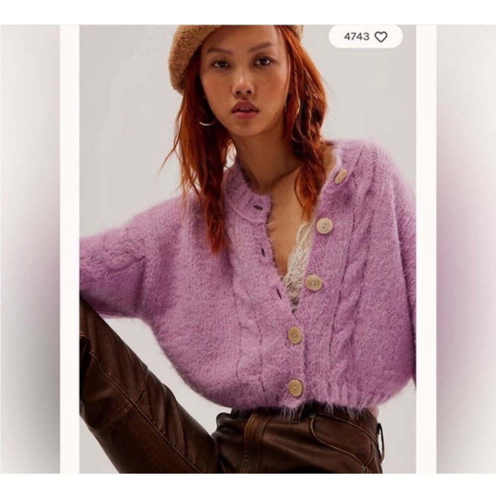 Free People Cardigan S Pink Wool Blend Knit Balloon Sleeve Crop Sweater MSRP$148